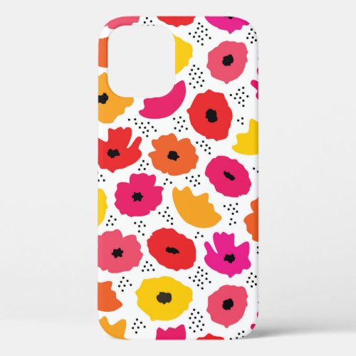 Modern Poppy Pink Red Orange Floral Dots Pattern  iPhone 12 Pro Case