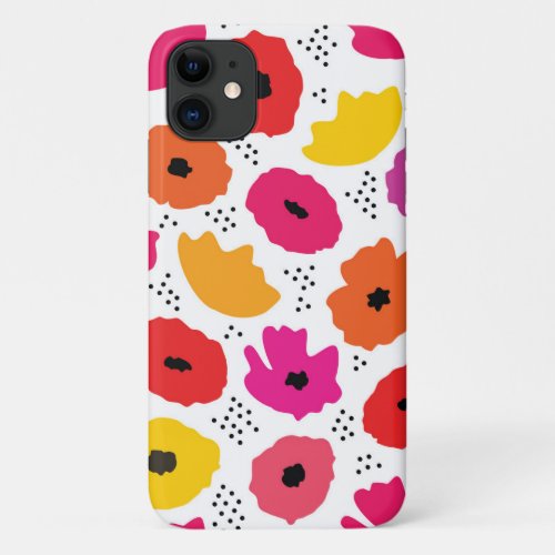 Modern Poppy Pink Red Orange Floral Dots Pattern  iPhone 11 Case