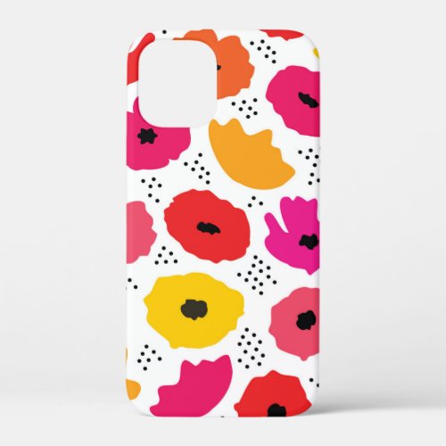 Modern Poppy Pink Red Orange Floral Dots Pattern  iPhone 12 Mini Case