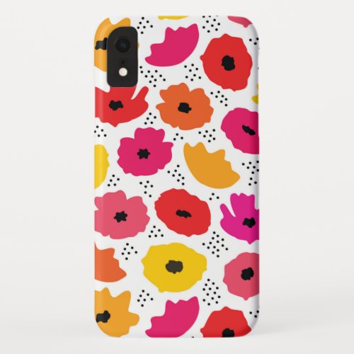 Modern Poppy Pink Red Orange Floral Dots Pattern  iPhone XR Case