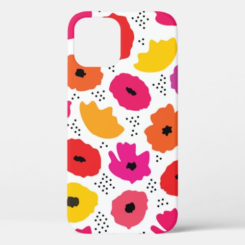 Modern Poppy Pink Red Orange Floral Dots Pattern  iPhone 12 Case