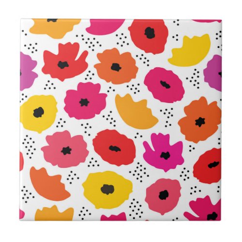 Modern Poppy Pink Red Orange Floral Dots Pattern  Ceramic Tile