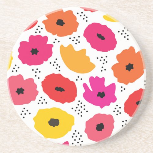 Modern Poppy Pink Red Orange Floral Dots Pattern  Coaster