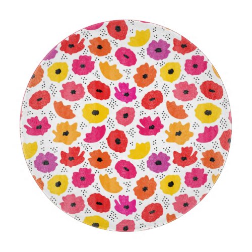 Modern Poppy Pink Red Orange Floral Dots Pattern  Cutting Board