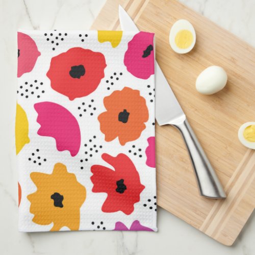 Modern Poppy Pink Red Orange Floral Dots Pattern  Kitchen Towel