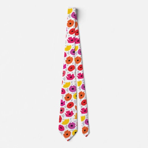 Modern Poppy Pink Red Orange Floral Dots Pattern  Neck Tie