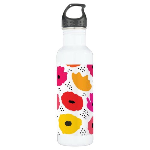 Modern Poppy Pink Red Orange Floral Dots Pattern  Stainless Steel Water Bottle