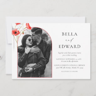 Modern Poppy Red Watercolor Flowers Wedding Invitation