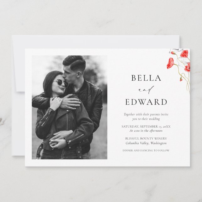 Modern Poppy Red Watercolor Flowers Wedding Invitation (Front)