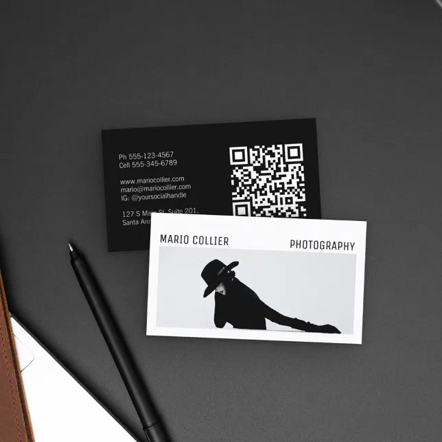 Modern Portfolio Style Photography Logo QR code Business Card | Zazzle