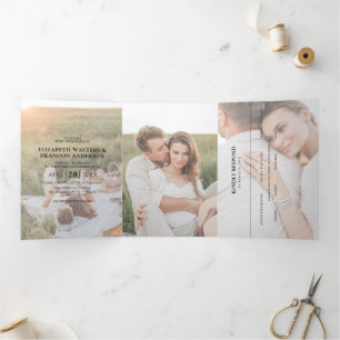 Modern Portrait Photo Collage Overlay Wedding Tri-Fold Invitation