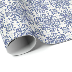 Modern Portuguese Tiles Azulejos Navy and White    Wrapping Paper