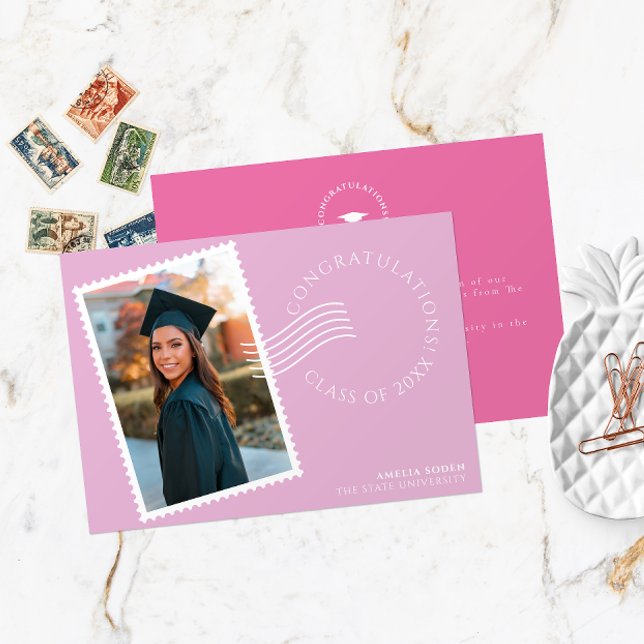 Modern Postage Stamp Design: Pink Photo Graduation Announcement (Front and Back of a modern photo graduation announcement card with postage stamp frame in bold pink.)