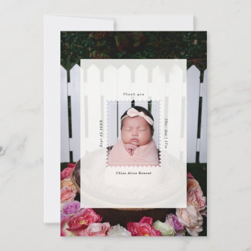 Modern Postage Stamp Photo Birth Baby Thank You Card