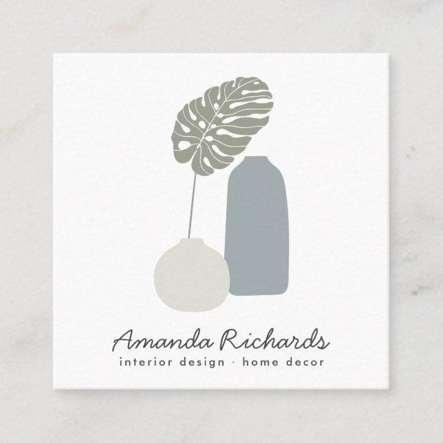 Modern pottery decor plants boho blue soft pastel square business card (Front)