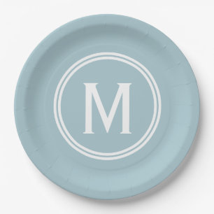 Modern Powder Blue Custom Round Framed Monogram Paper Plates