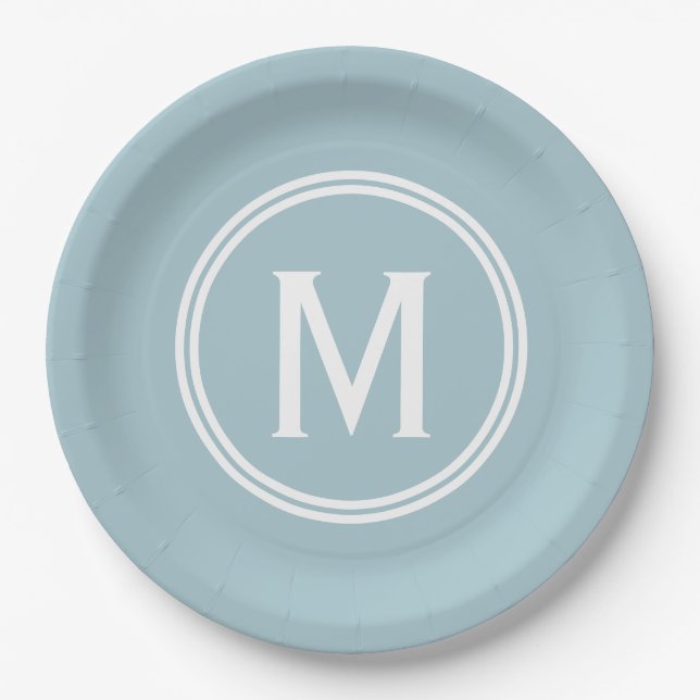 Modern Powder Blue Custom Round Framed Monogram Paper Plates (Front)