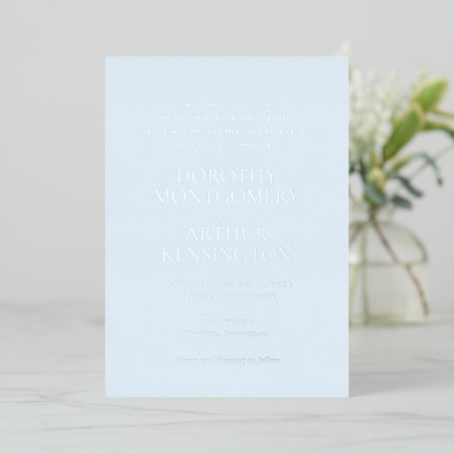 Modern Powder Blue Elegant Wedding Foil Invitation (Standing Front)