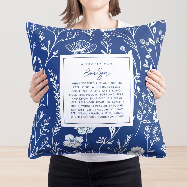 Modern Prayer Keepsake Gift Scripture Blue Floral Throw Pillow (Personalize with a name to create a thoughtful keepsake that offers encouragement.)