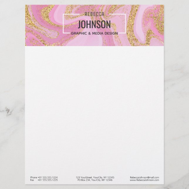 Modern Precious Pink Gold Marble Name - Letterhead (Front)