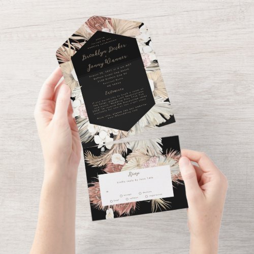 Modern Premium Black on Pampas Boho Desert Wedding All In One Invitation