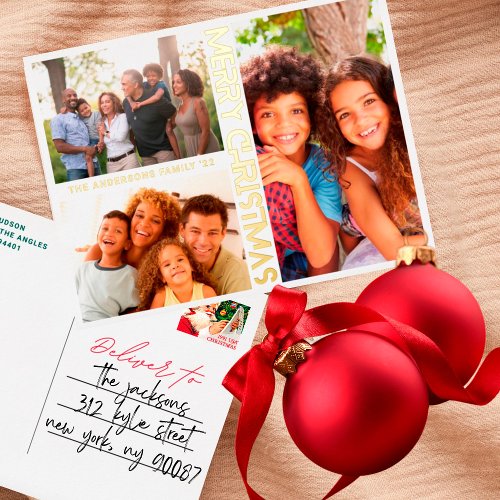 MODERN Premium Gold MERRY CHRISTMAS MULTI Photo Foil Holiday Postcard