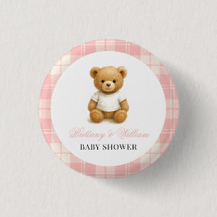 Modern Preppy Bear Pink Plaid Baby Shower   Button