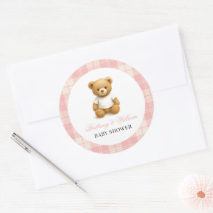 Modern Preppy Bear Pink Plaid Baby Shower   Classic Round Sticker