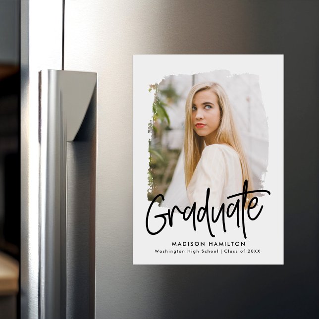 Modern Preppy Black Script Photo Graduation Magnetic Invitation (Creator Uploaded)