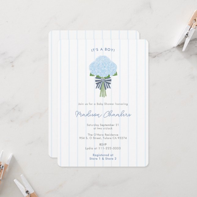 Modern Preppy Blue Hydrangeas Baby Boy Shower Invitation (Front/Back In Situ)