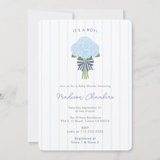 Modern Preppy Blue Hydrangeas Baby Boy Shower Invitation (Front)