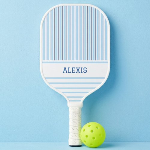 Modern Preppy Blue White Striped Personalized Pickleball Paddle
