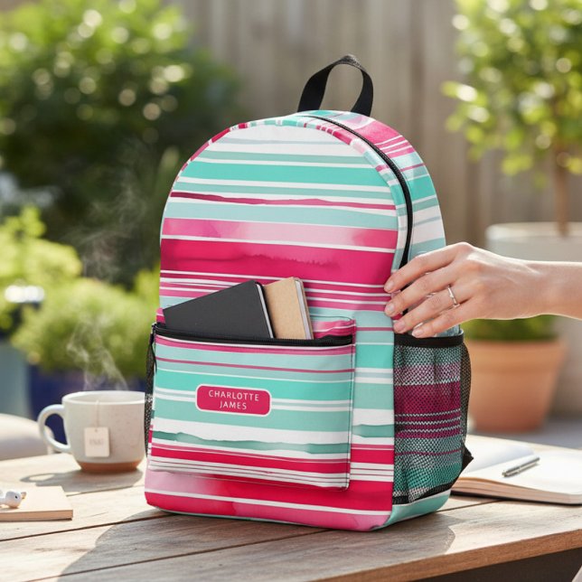 Modern Preppy Cyan Magenta Personalized Name Printed Backpack (Creator Uploaded)