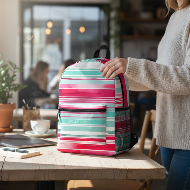 Modern Preppy Cyan Magenta Personalized Name Printed Backpack (Creator Uploaded)