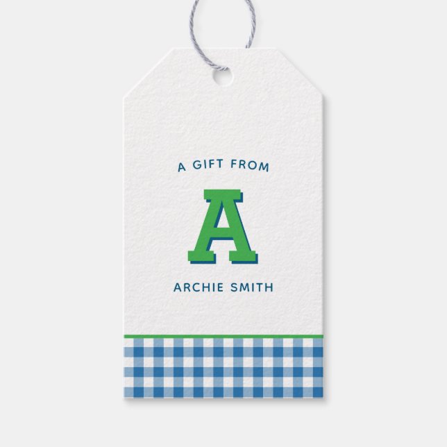 Modern Preppy Monogram and Gingham Gift Tags (Front)