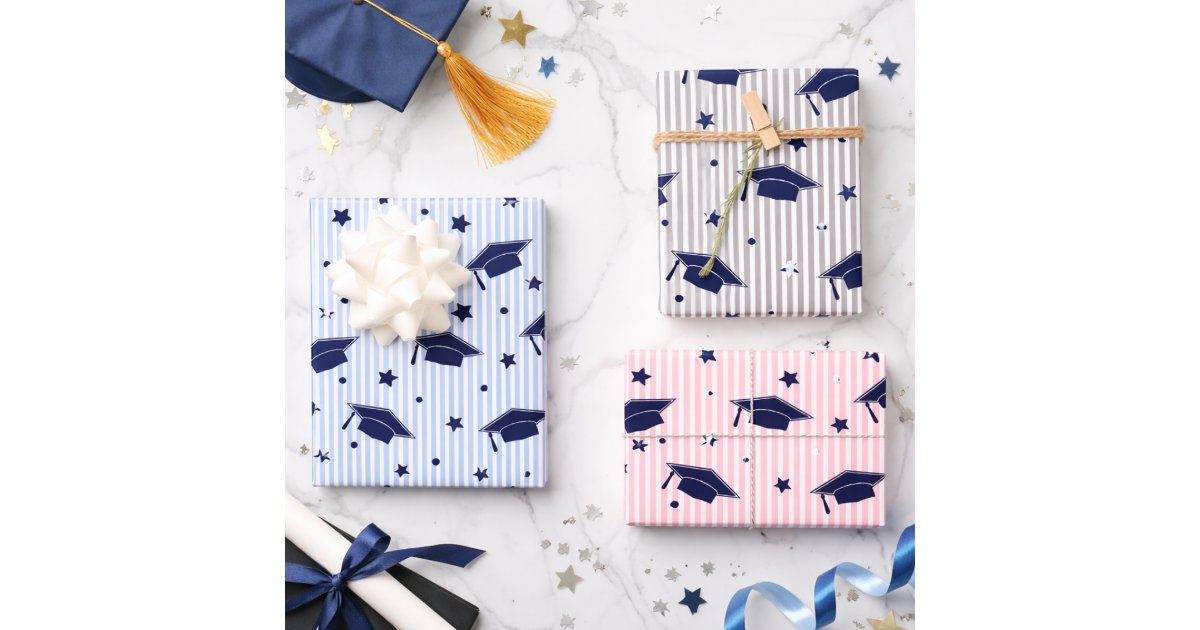 Modern Preppy Navy Blue Graduation Cap Pattern Wrapping Paper Sheets ...