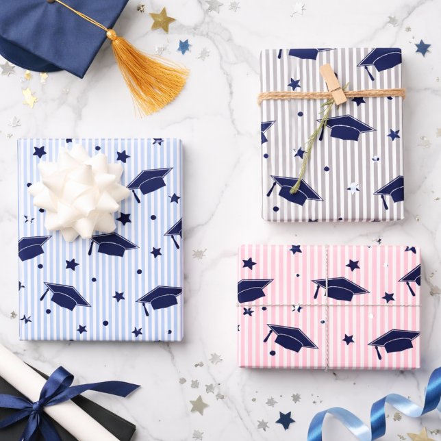 Modern Preppy Navy Blue Graduation Cap Pattern Wrapping Paper Sheets (Creator Uploaded)