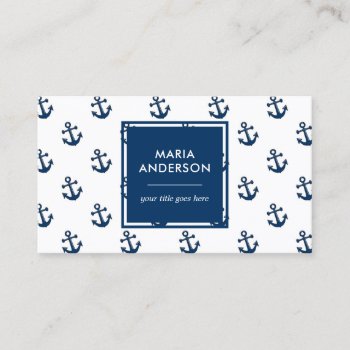 Modern Preppy Navy Blue Nautical Anchors Pattern Business Card by ShabzDesigns at Zazzle