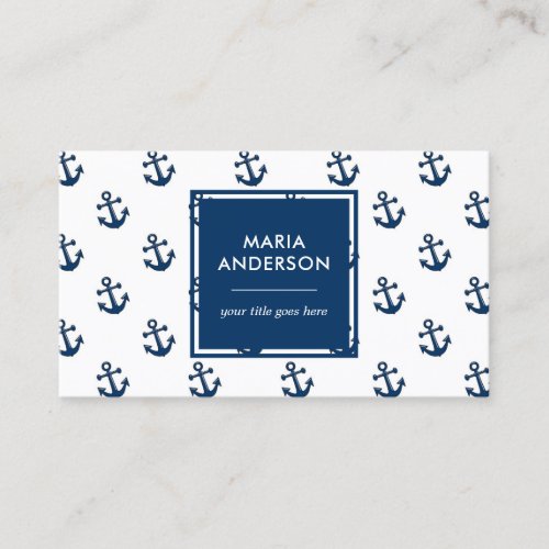 Modern Preppy Navy Blue Nautical Anchors Pattern Business Card
