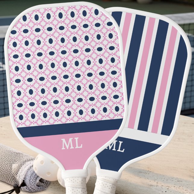 Modern Preppy Navy Pink Geometric Pattern Initials Pickleball Paddle (Creator Uploaded)