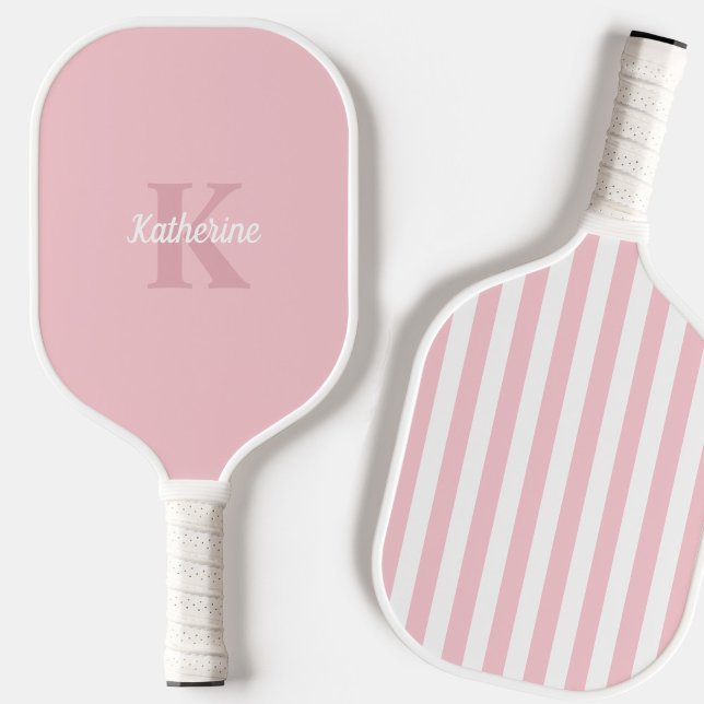 Modern Preppy Pastel Pink Monogrammed Feminine Pickleball Paddle (Personalized Monogrammed Pastel Striped Pickleball Paddle)