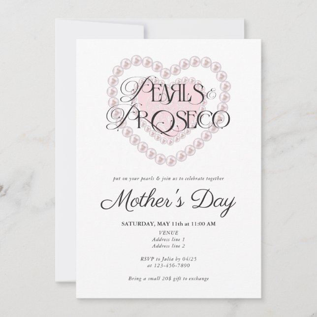 Modern Preppy Pearls & Prosecco Mother's Day Party Invitation (Front)