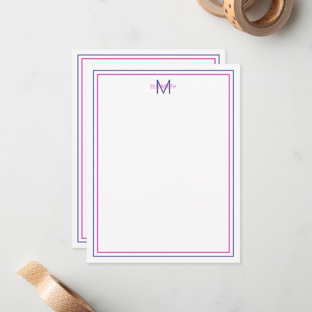 Modern Preppy Pink and Navy Blue Monogram Note Card (Front/Back In Situ)