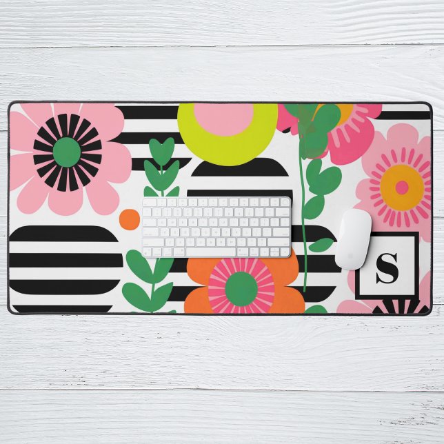 Modern Preppy Pink Colorful Floral Monogram Letter Desk Mat (Creator Uploaded)