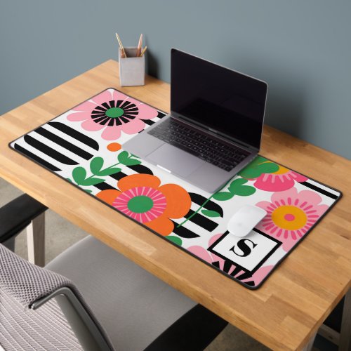 Modern Preppy Pink Colorful Floral Monogram Letter Desk Mat