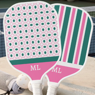Modern Preppy Pink Teal Geometric Pattern Initials Pickleball Paddle