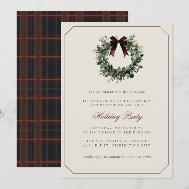 Modern Preppy Plaid Wreath Christmas Party Invitation (Front/Back)