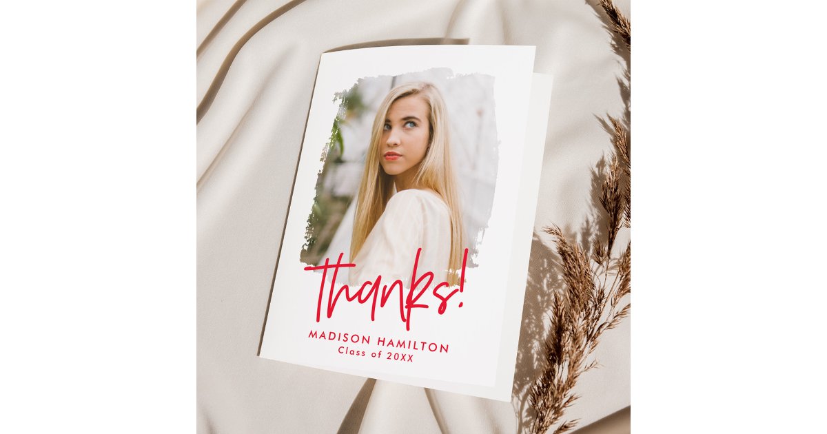 Modern Preppy Red Script Photo Graduation Thank You Card | Zazzle