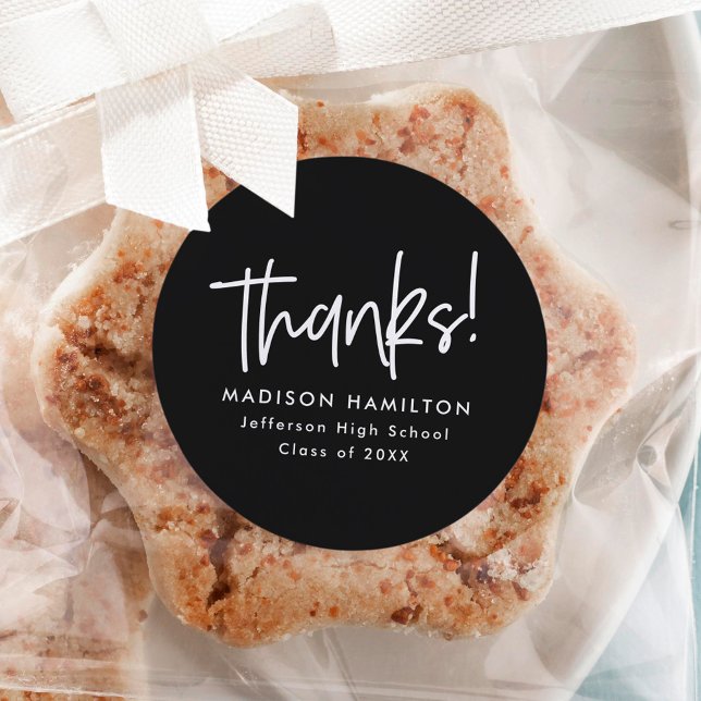 Modern Preppy Script Black Graduation Thank You Classic Round Sticker (Creator Uploaded)