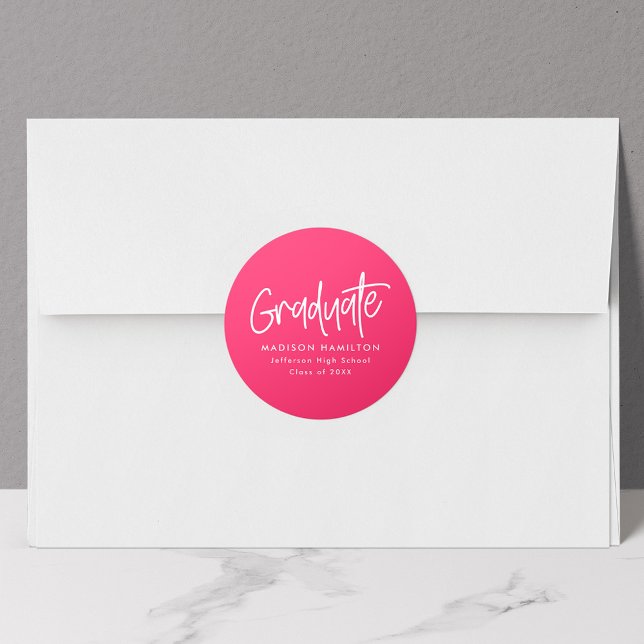 Modern Preppy Script Hot Pink Graduation Classic Round Sticker (Creator Uploaded)